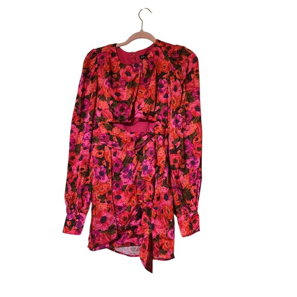 For Love & Lemons Lauren Floral Long Sleeve Mini Dress Tie Waist/ Keyhole Back S - Picture 2 of 6